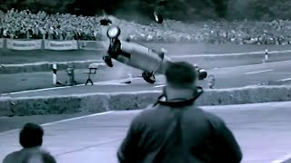 F1 1959 German GP at AVUS 60fps Hans Hermann survives a huge crash [upl. by Russom50]