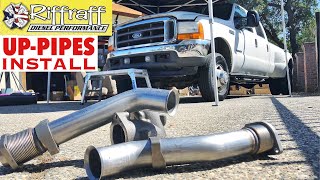 2001 F350 73  RiffRaff UpPipes Install  Stock up pipes leaking and falling apart JUNK SP [upl. by Arratoon]